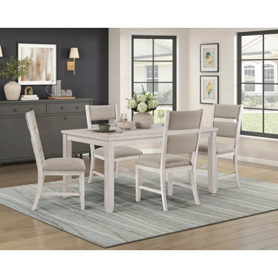 Modern Farmhouse 7Pc Dining Set Table And 6 Side Chairs Upholstered Antique White Finish Durable Wooden Furniture
