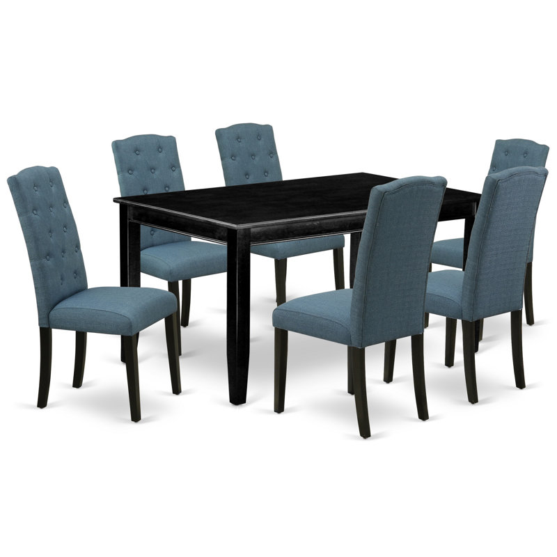 Ensemble de table de salle à manger 7 pièces composé d'une table de cuisine rectangulaire et de 6 chaises de salle à manger Parson en tissu bleu minéral, noir