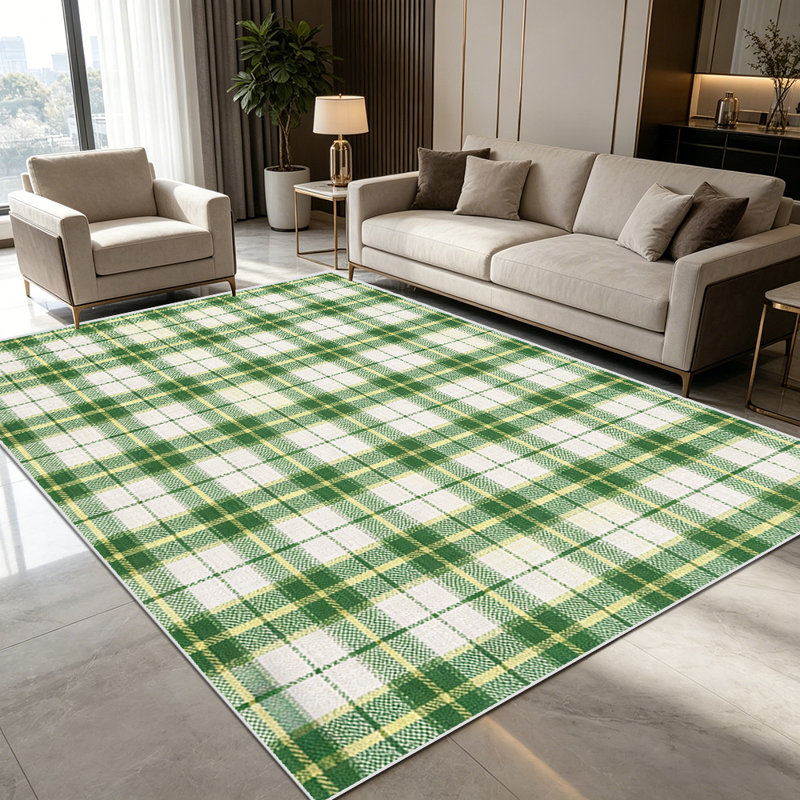 1PC Green Cream Plaid Checkered area rugs, Soft and Comfortable, easy-to-maintain, machine washable Indoor floor mat, suitable for living room, bedroom, dining area, patio, sunroom, front porch, kitchen, entryway, backyard, Home Decor, Outdoor Decor.