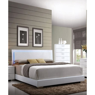 White Synthetic Leather Bed With Led Lights Feature, Straight Legs, High Gloss Padded Headboard, Low Profile , 3 Slats And Box Spring Required, 660lbs Capacity, 49in Height Queen Illumination Setup,