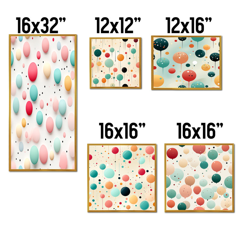 «Blue and Pink Funky Polka Dot Delights», ensemble de 5 reproductions d'art sur toile rétro, Cadre flottant doré