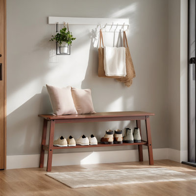 39.4 Inch Solid Wood Bench With Storage Shelf, Walnut Finish Entryway Shoe Bench For Bedroom Dining Room