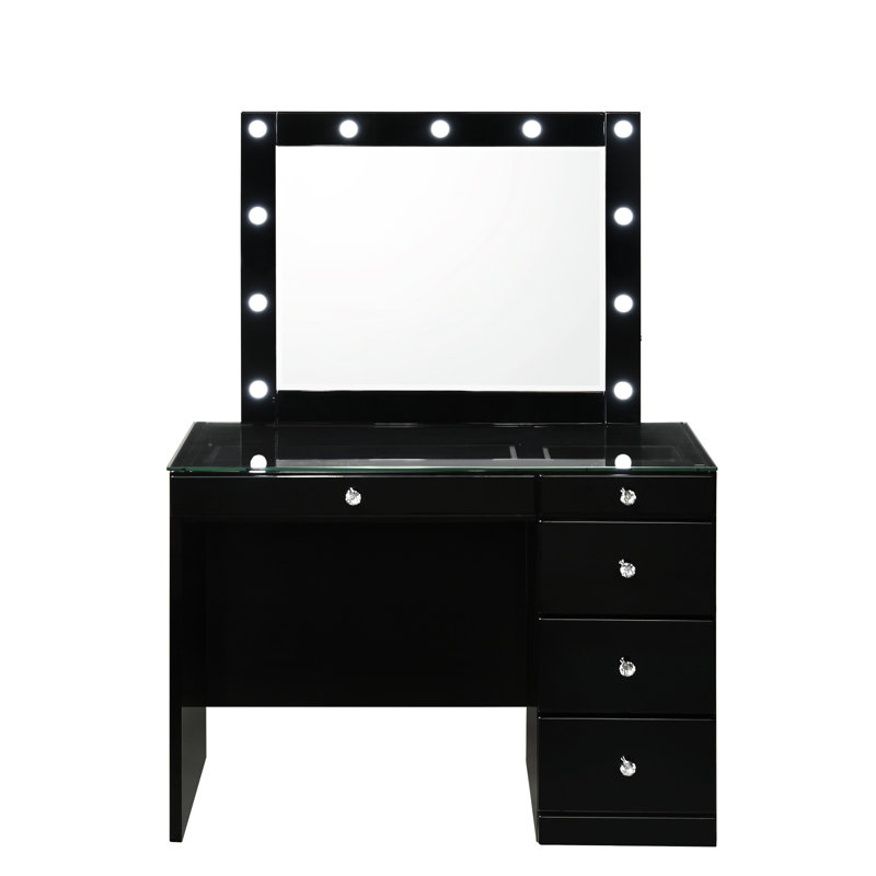 Meuble-lavabo noir 2 pièces avec 5 tiroirs, miroir lumineux à DEL, cristal, plateau en verre trempé de 8 mm, pour miroir et présentation de mobilier de chambre contemporain