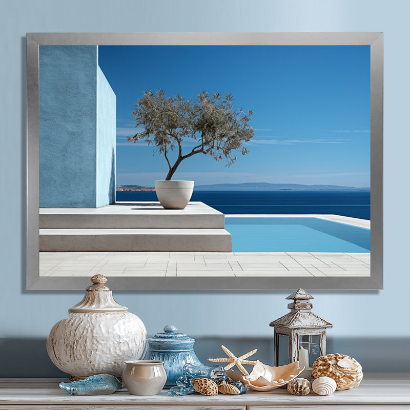 «Grèce Beach House Views Tranquility - Coastal Beach», art mural, H 30 po x l 40 po x P 1,5 po, Cadre simple argenté