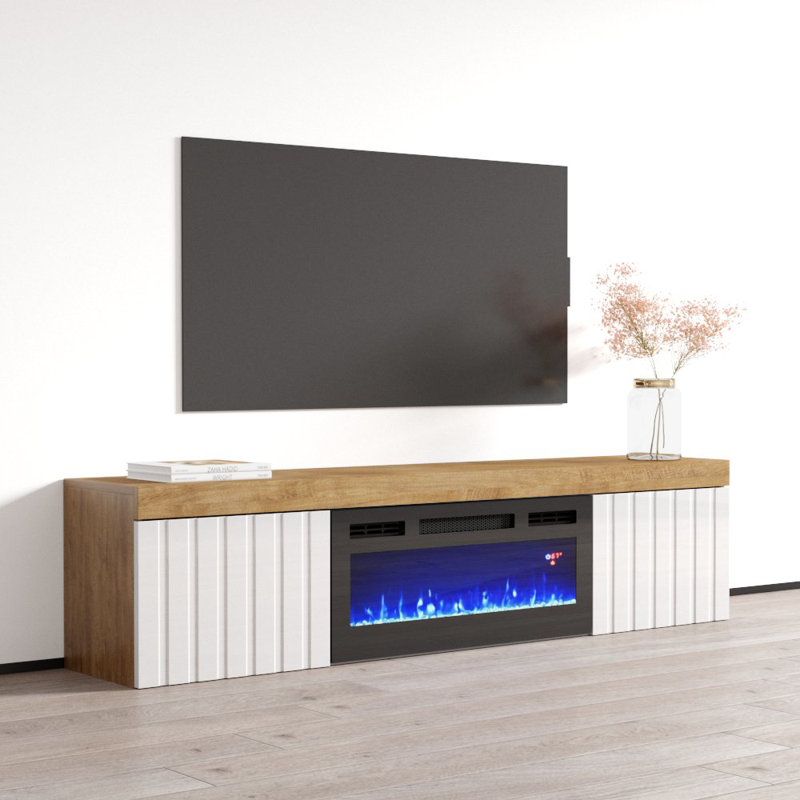 Floating TV Stand for TVs up to 78" with Electric Fireplace Included, Oak/White/Black