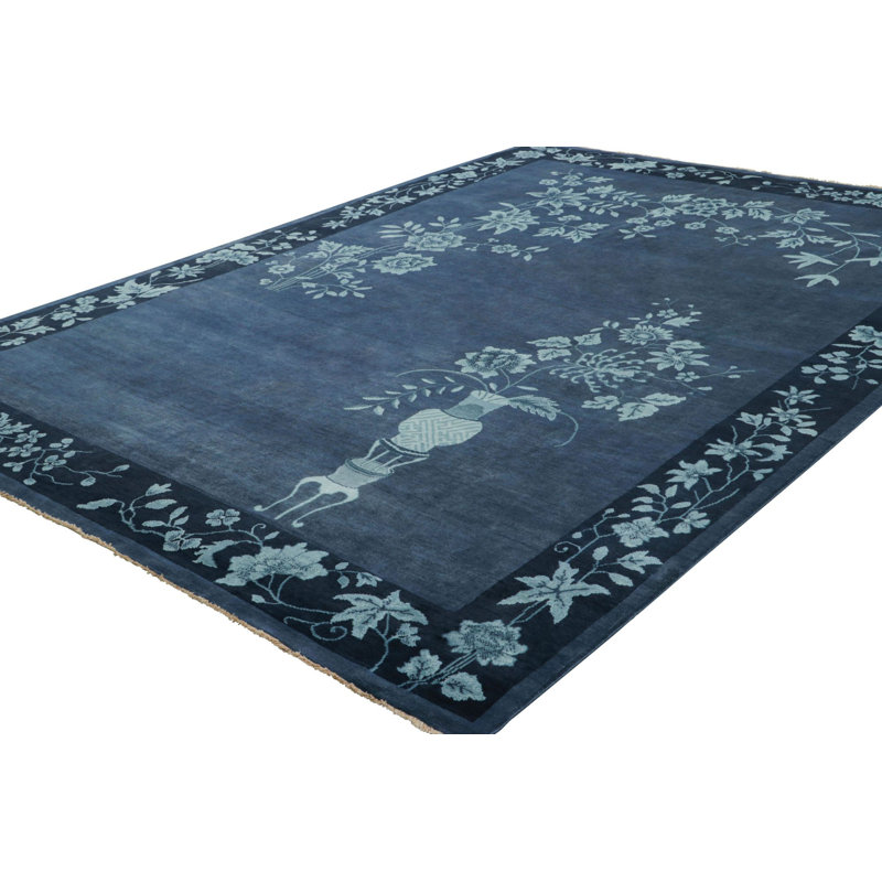 Art Deco Hand Knotted Wool Floral Area Rug, Rectangle 8' x 10'