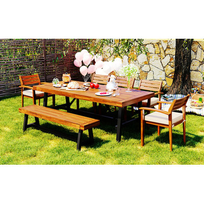 Classical Outdoor Dining Furniture With Cushions, Ergonomic Chairs And Bench