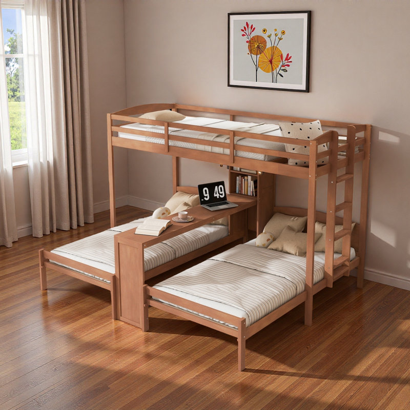 Lit superposé 3 lits en 1 avec bureau intégré, tablettes de rangement et lampe de lecture, Naturel