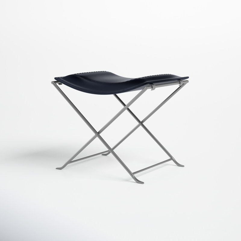 Sanford Iron Accent Stool, Black/Silver Genuine Leather