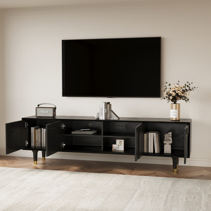 71'' Mid-Century Modern Carved Black Four Legged TV Cabinet with Four Cabinets, Entertainment Center, Real Wood Finish, Fully Assembled