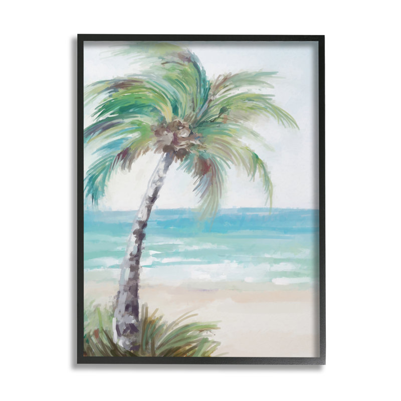 Soft Palm Tree Beach Landscape Print on Canvas with Black Frame