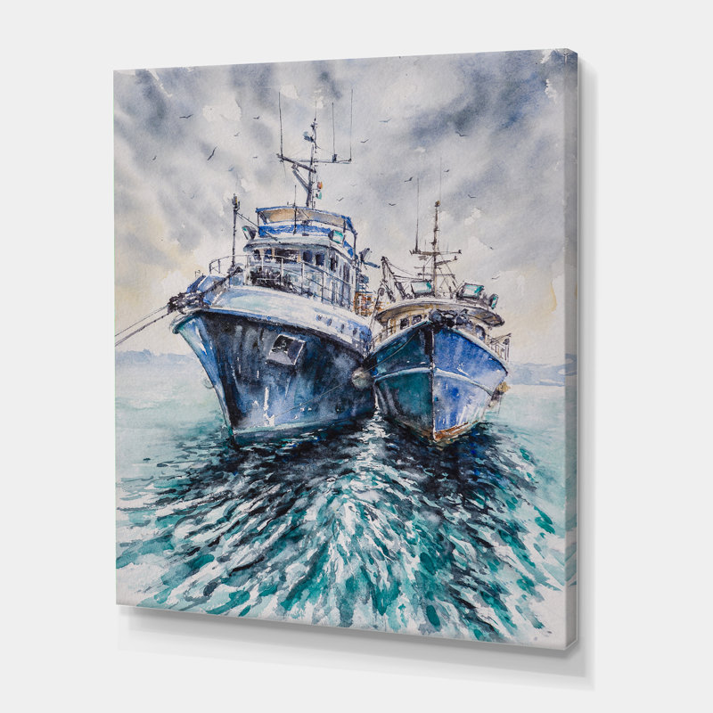 Deux bateaux de pêche devant une tempête ancrée - impression sur toile tendue, H 40 po x l 30 po x 1,5 po
