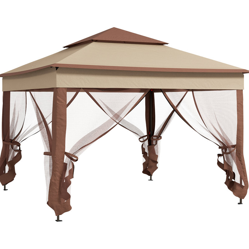 Abri escamotable 11 'X. Pavillon de jardin extérieur avec filet amovible. Tente instantanée pour le plaisir du patio. Kaki. Fabrication stable en métal double. Passez un bon moment à l'extérieur.