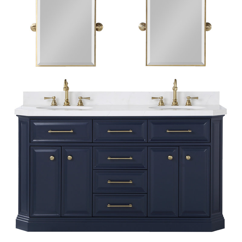 Ensemble de meuble-lavabo double 60 po Bruning Quartz, Bleu monarque, Or satiné