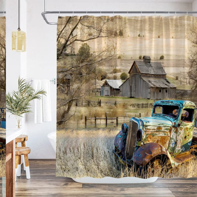 Rustic Farmhouse Truck Shower Curtain - Vintage Barn Decor, Antique Car Design, Fabric Set with Hooks