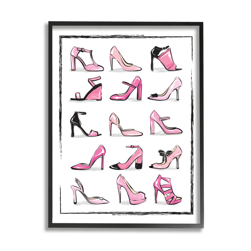 «Pink Heels Lined Up Women Glam Shoes» par Martina - impression sur toile, H 20 po x l 16 po, Giclée encadrée noir minuit