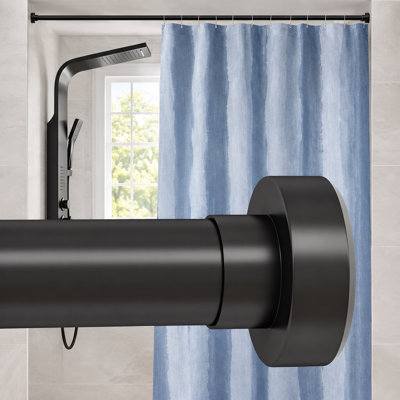 A small black spring-tension shower pole adjustable from 18-49", built from sturdy rust-resistant metal; the heavy-duty no-drill design is non-slip, easy to install, and suitable for bathrooms, kitchens, and doorways.
