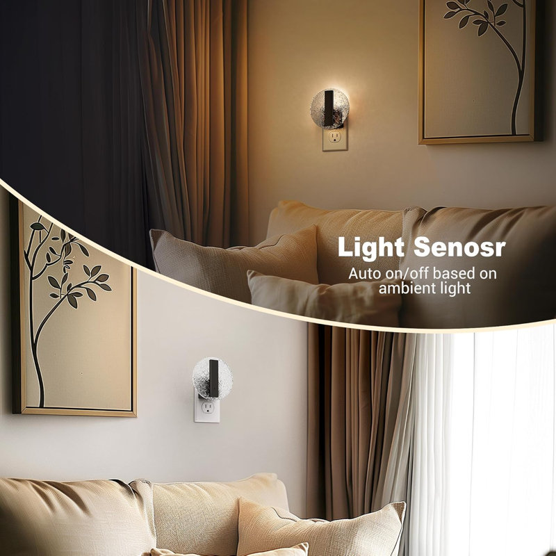 Solar Style Black Plug-In Night Light With Light Sensor, 3000K Warm White, Sliding Dimmer