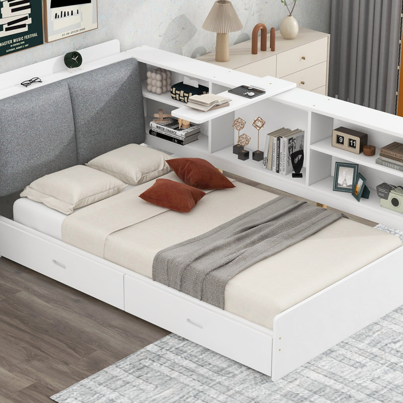 Lit plateforme en bois avec tête de lit, tablettes et 2 tiroirs, cadre de lit, Blanc