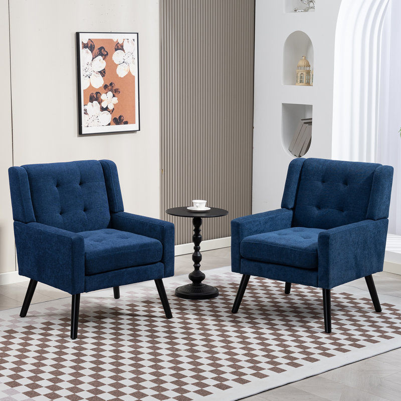 26.77" Mid-Century Modern Accent Chair With Linen Upholstery, Tufted Back And Black Solid Wood Legs(Set Of 2), Blue