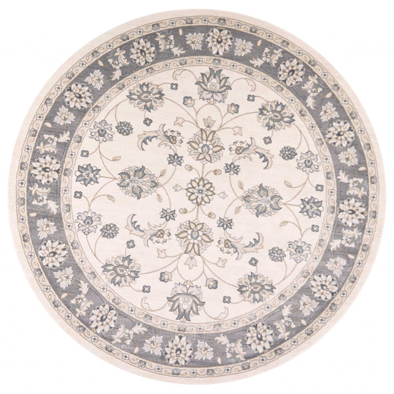 Tapis floral gris et ivoire Ajoni, Rond 7 pi 10 po
