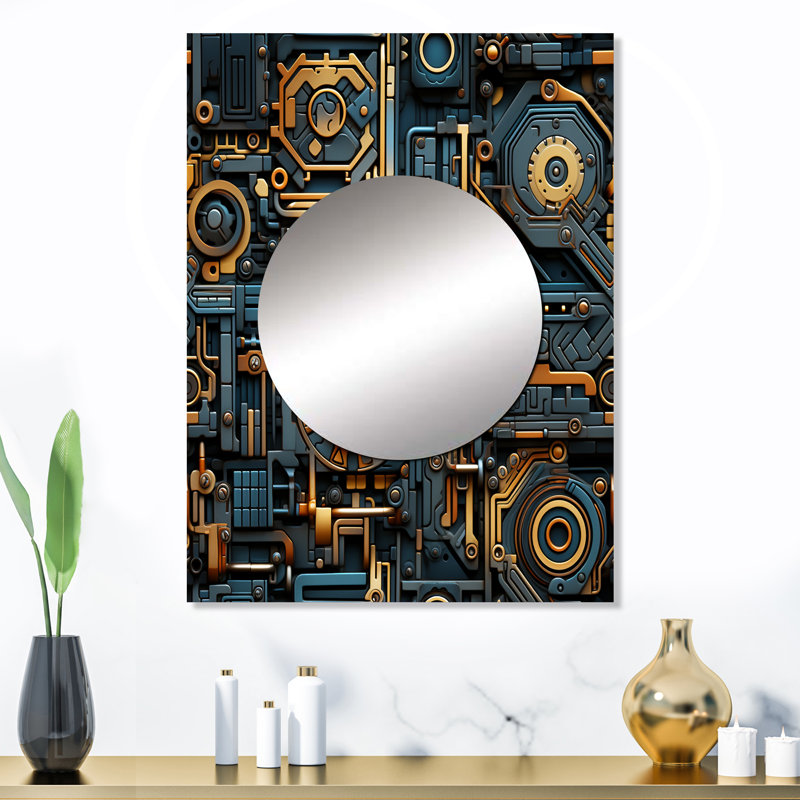 Mildner Steampunk industriel doré et bleu sarcelle géométrique, 32 po x 24 po