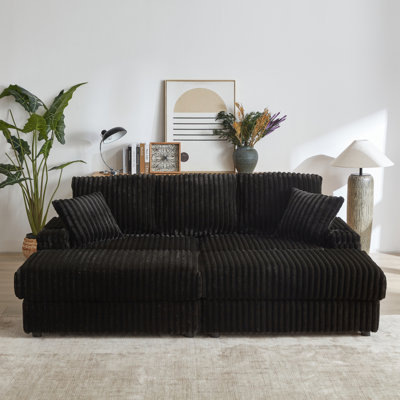 84Inch Corduroy 3-Seater Sofa With 3 Back Pillows ,2 Toss Pillows , 2 Ottoman ,2Storage Spaces And Cup-Holding Grooves Comfy Sofa- Deep Seat Couch For Living Room