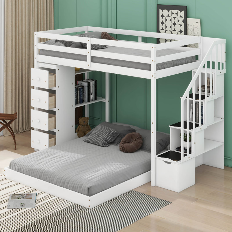 Jullieta Twin Over Full Bunk Bed With 3-Layer Shelves, Drawers And Storage Stairs, White