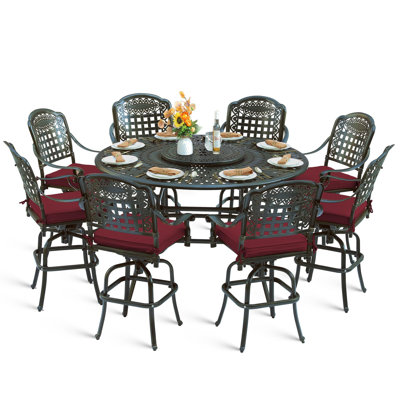  Ensemble de salle à manger 10 pièces pour patio, ensemble de table et chaises de bar en aluminium coulé résistant aux intempéries, comprenant 8 tabourets de bar pivotants et table de salle à manger à hauteur de bar de 61 po avec plateau tournant 24 po, trou pour parasol