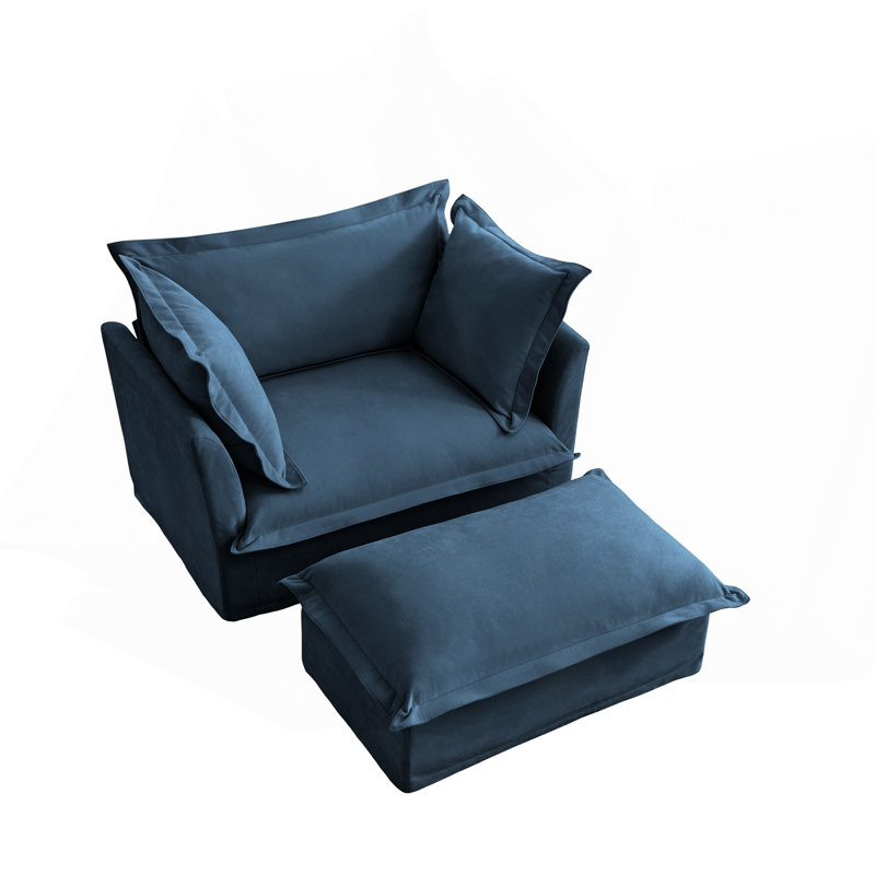 Fauteuil rembourré avec housse avec repose-pieds, Chenille - bleu
