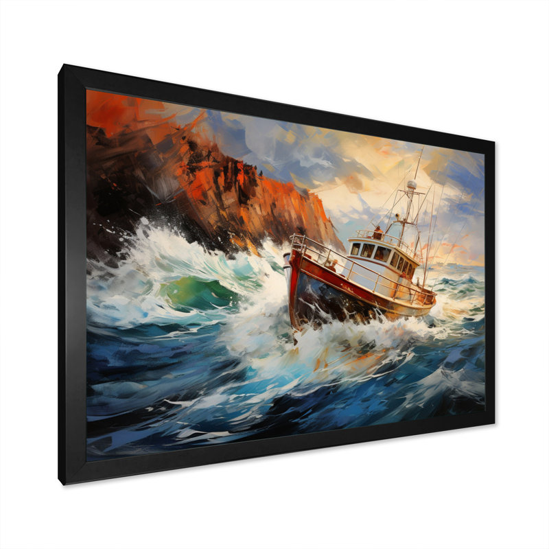 Tempête rêveuse de bateau de pêche - impression, Cadre simple noir, H 16 po x l 32 po x P 1 po