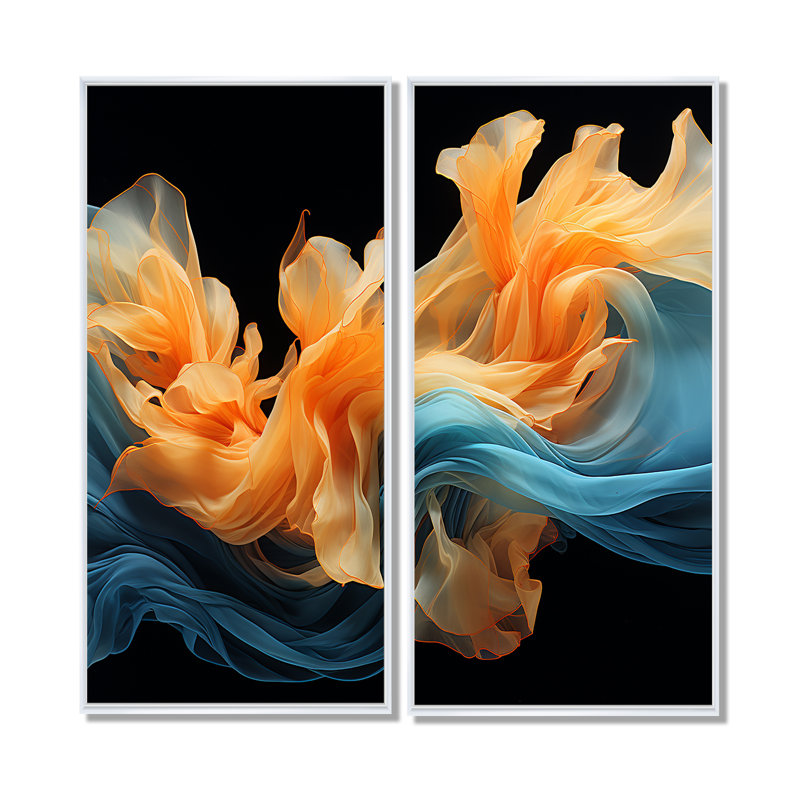 Encre liquide orange vif et turquoise - décoration murale moderne, 40" H x 40" W, Impression encadrée flottante, White