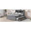 Lit plateforme double avec lit gigogne, tiroirs et prises USB, gris