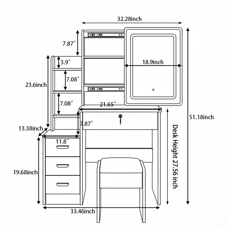 Bureau de meuble-lavabo à miroir coulissant avec DEL, rangement caché, 4 tiroirs et tabouret, éclairage à 3 couleurs à intensité variable, blanc et bois