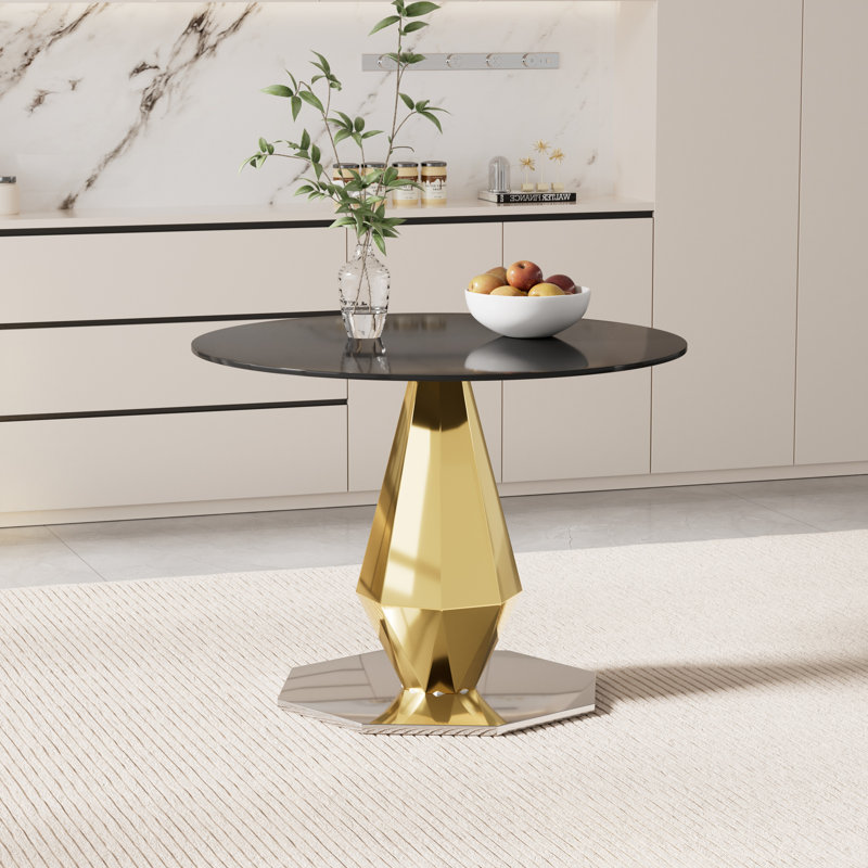 Round Pedestal Tempered Glass Dining Table, 29.50"H x 39"L x 39"W, Gold