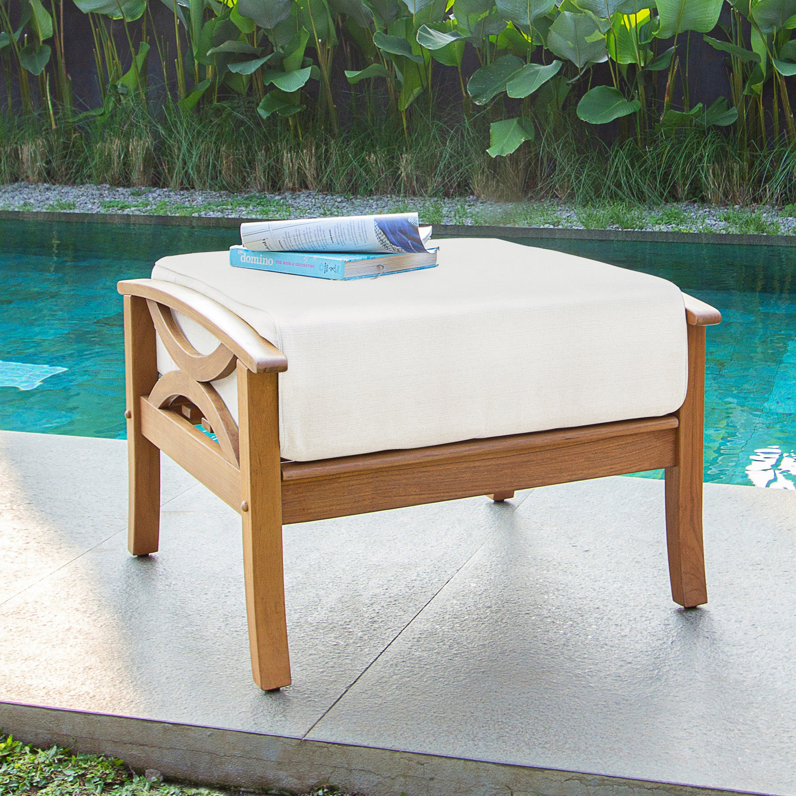 Brunswick Outdoor Teak Ottoman with Cushion, Off White, Natural
