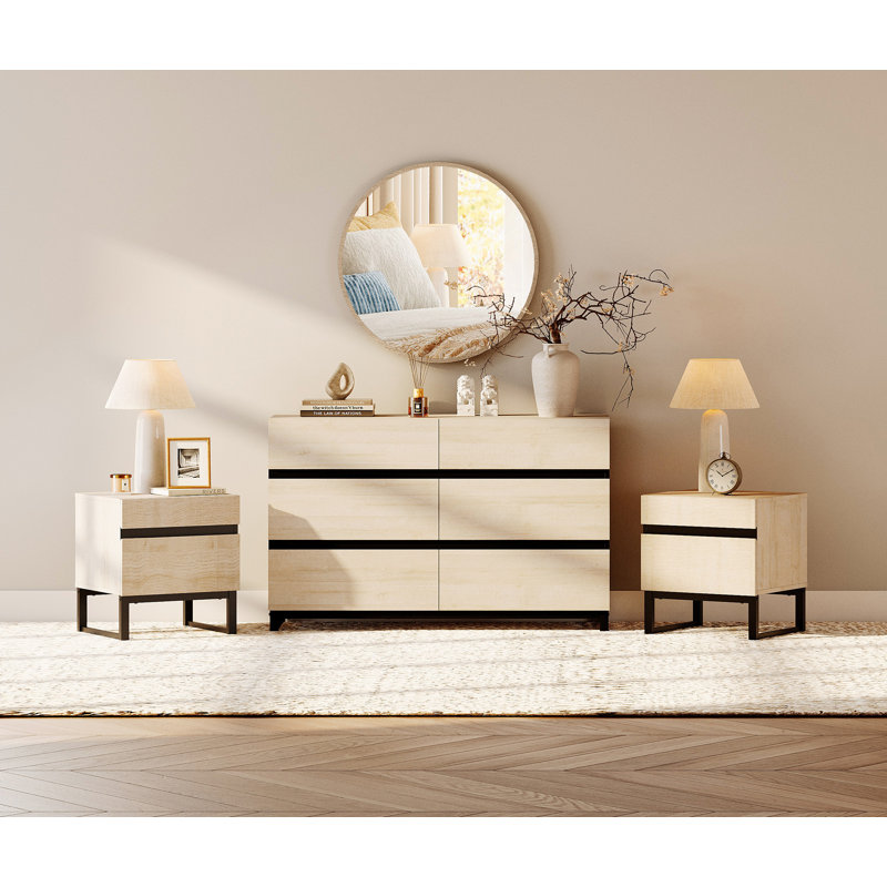 Ensemble de chambre à coucher moderne 3 pièces, commode de 47 pouces avec 6 tiroirs et 2 tables de chevet avec 2 tiroirs, ensemble de 3 chambres à coucher