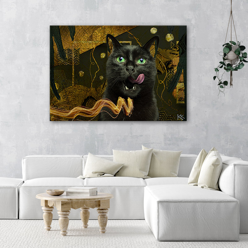 Black Cat Gold Abstraction - Wrapped Canvas Art Print, 60cm H x 90cm W
