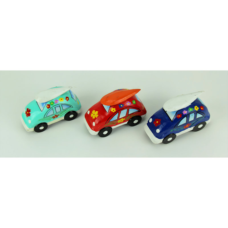 Ensemble de trois buggies de plage en bois sculpté, style surfeur, rouge, bleu foncé et turquoise, 11,4 cm de large