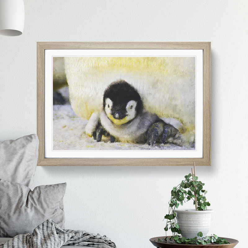 Baby Penguin - Picture Frame Painting, Oak Framed, 48cm H x 65cm W x 2cm D