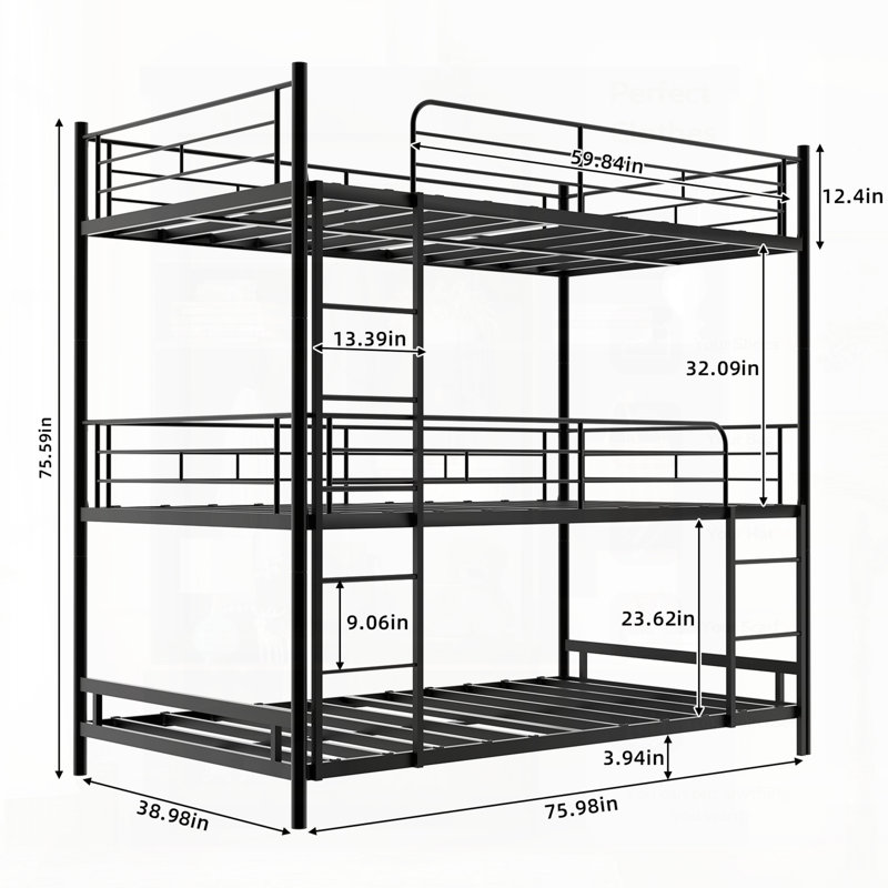 Lit superposé triple robuste avec échelle intégrée, rampe pleine longueur et assemblage facile pour un sommeil sécuritaire et confortable