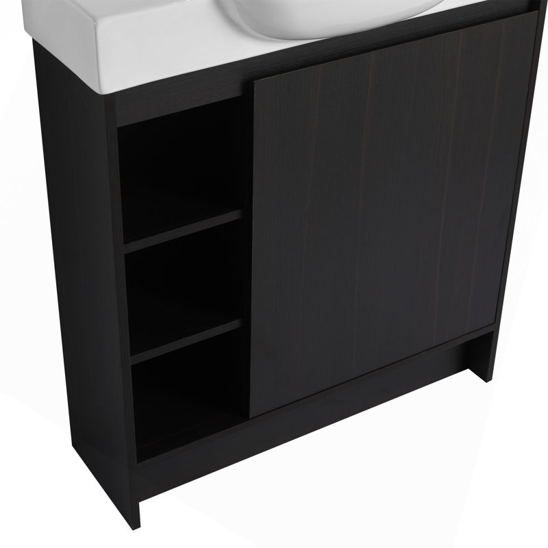 Meuble-lavabo autoportant de 30 po avec lavabo en céramique blanche et porte à fermeture en douceur, chêne foncé, contreplaqué