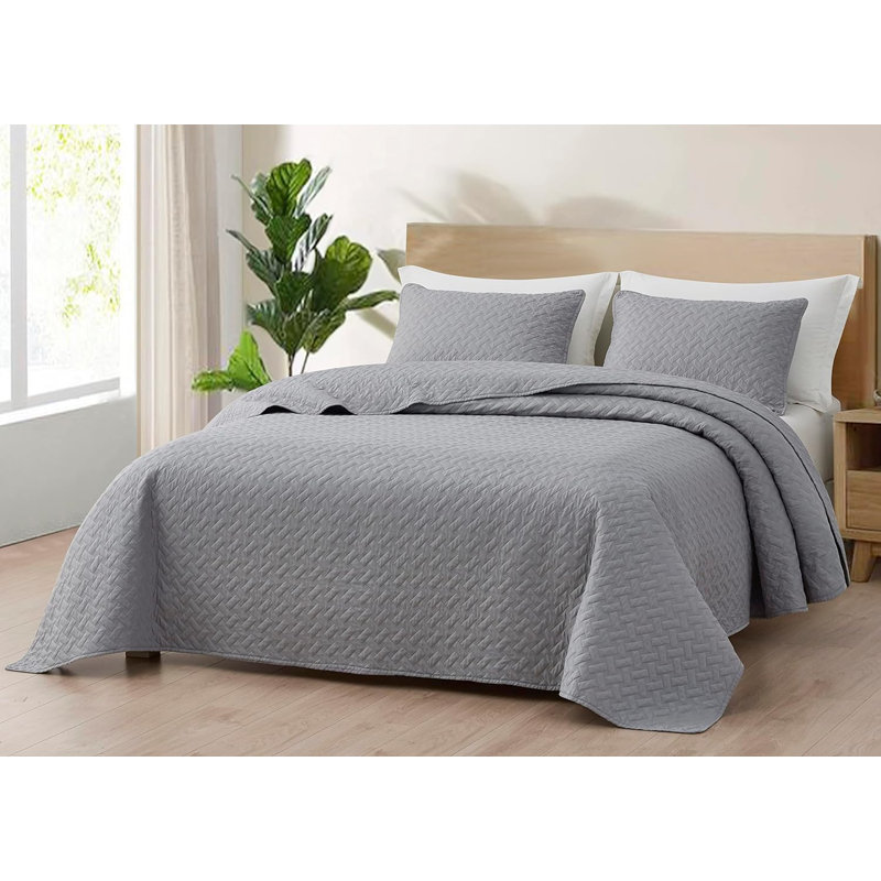 Randall Basketweave Quilted Cooling Blanket, Queen Quilt + 2 Standard Shams, Light Gray