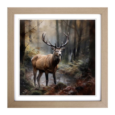 Stag In A Forest Realism - Framed Print