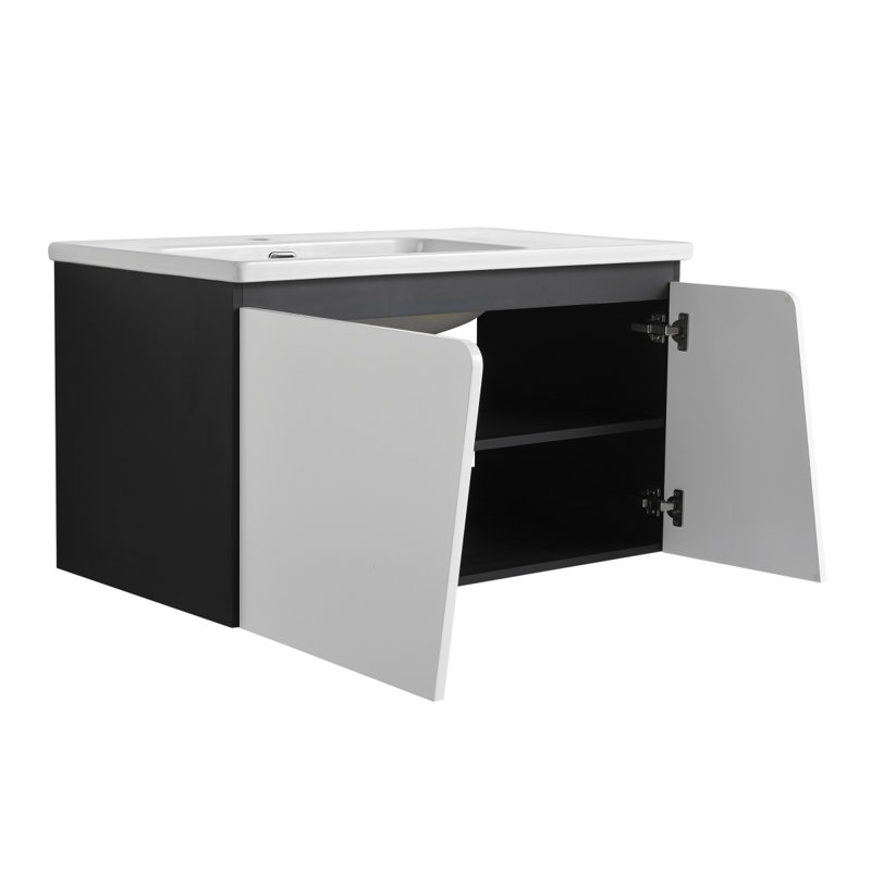 Meuble-lavabo flottant mural avec lavabo en céramique, Blanc/Noir, 36"