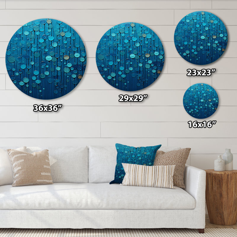 «Abstract Rainy Blue Collage», art mural rond en métal abstrait, H 29 po x l 29 po
