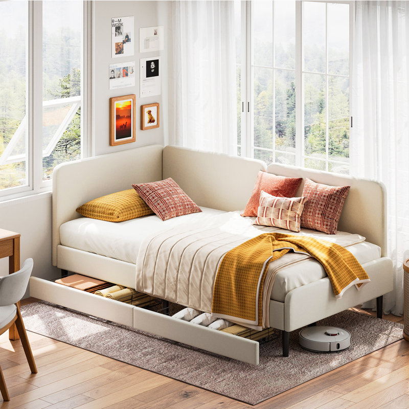 Lit de jour simple avec tête de lit, cadre de lit d'angle avec rails de lit et tiroirs de rangement, support solide, pour chambre d'amis