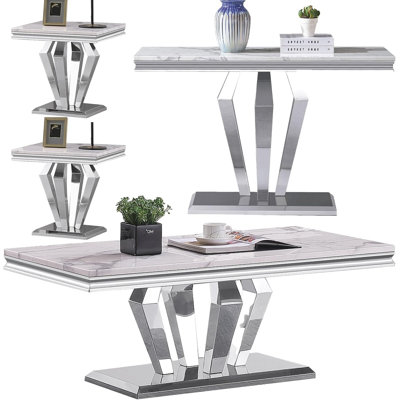 Faux Marble Coffee Table Set of 4, Modern Living Room Table Set Includes 1 Coffee Table, 1 Console Sofa Table and 2 End Side Tables for Living Room, White Faux Marble Top with Diamond-Shaped Stainless Steel Frame