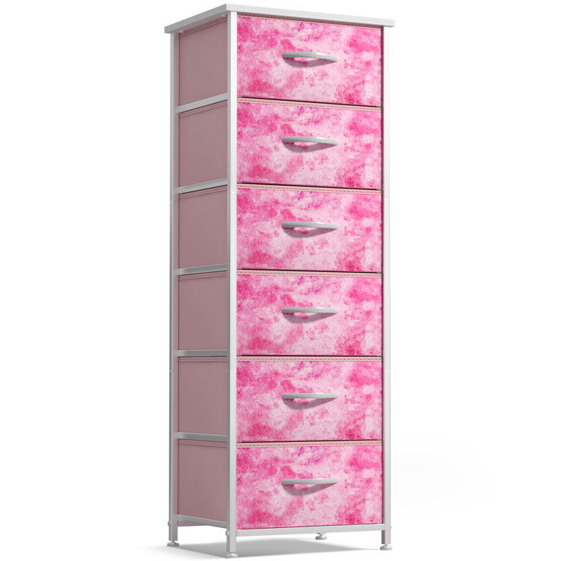 Sorbus Narrow 6 Drawers Nightstand with Steel Frame, Wood Top, Easy Pull Fabric Bins for Home, Bedroom, Office & Dorm, Tie-Dye Pink