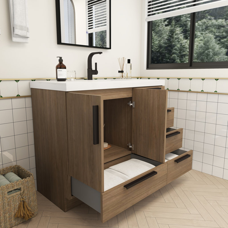Meuble-lavabo autoportant avec tiroirs à droite Carla, 42", Chêne français foncé